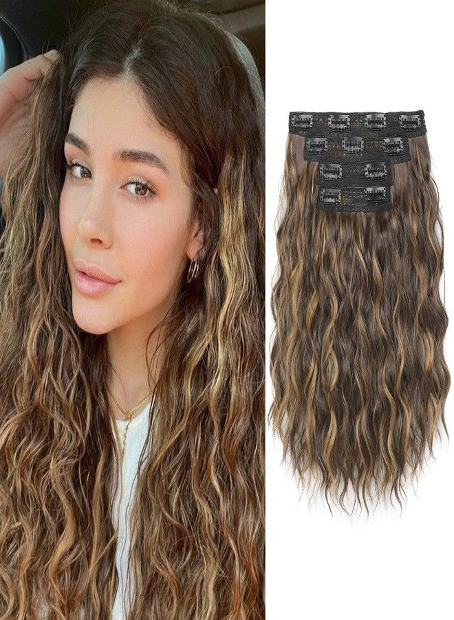 REECHO Clip in Hair Extensions, 4PCS 14" Short Wavy Hair Extensions Invisible Lace Weft Natural Soft Hairpieces for Women Chocolate Brown with Highlights - Image 1